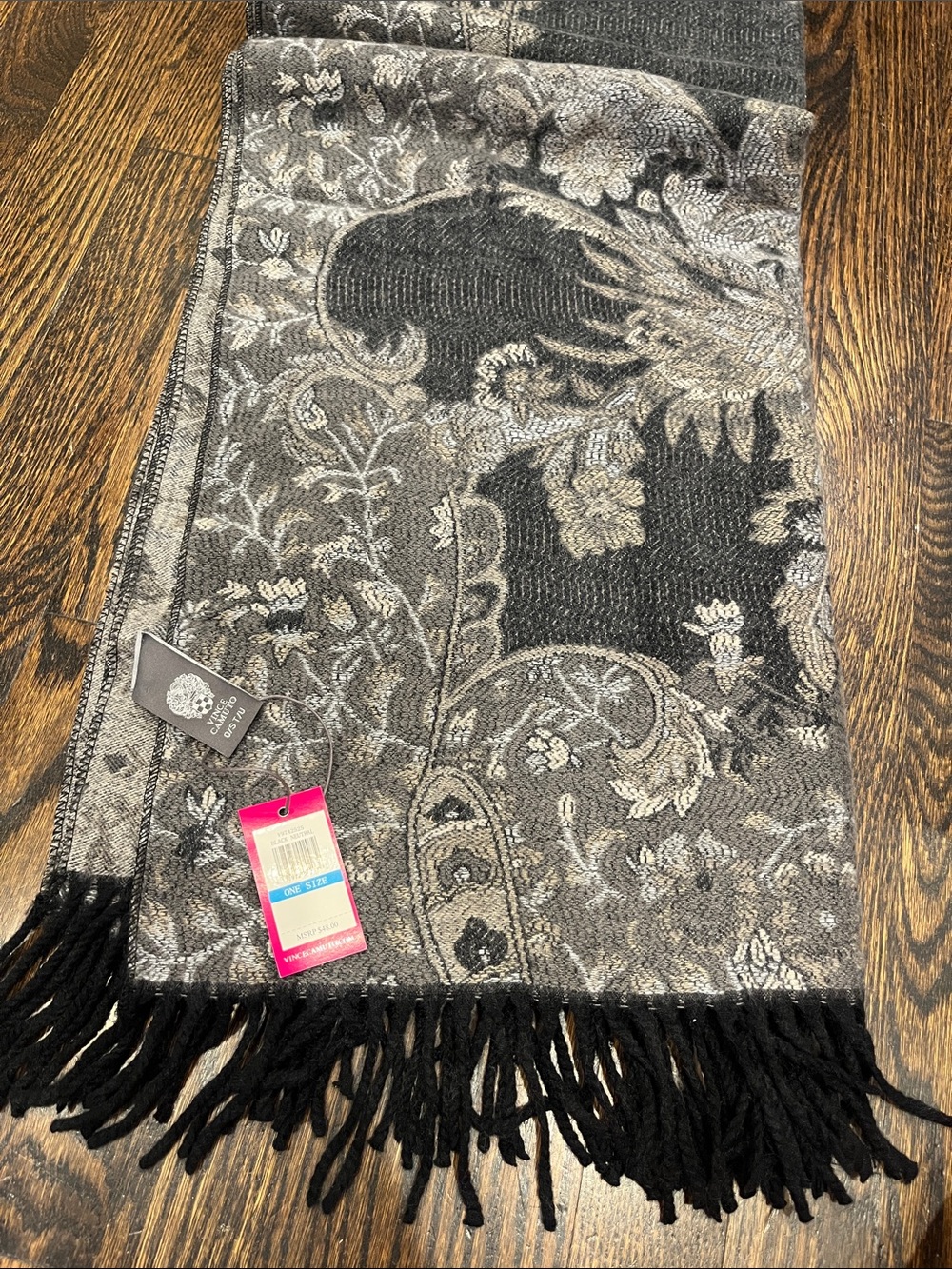 Vince Camuto Floral Paisley Fringed Scarf - Gray and Black